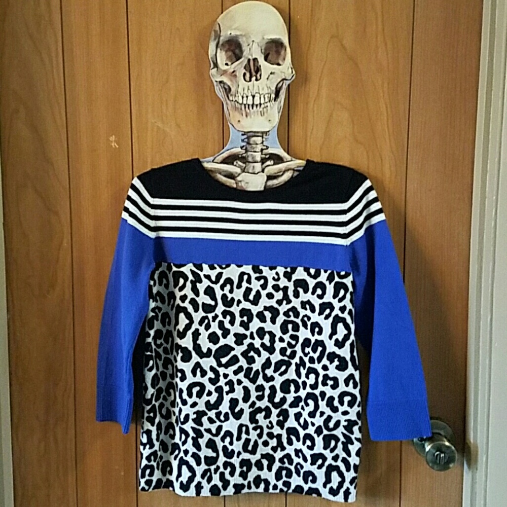 ELLEN TRACY Black Blue White Leopard Sweater XS